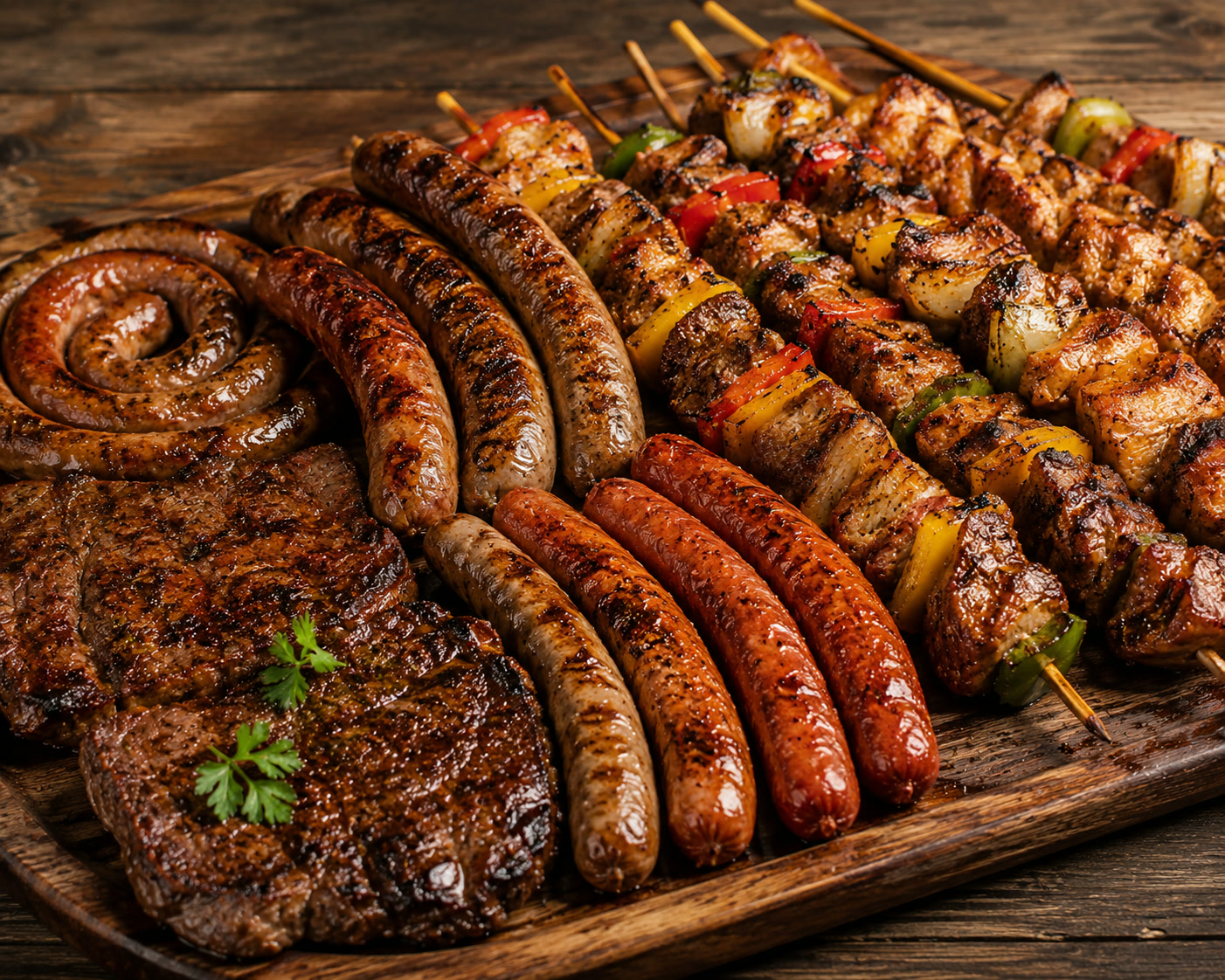Plateau de grillades avec entrecôte, saucisses, merguez et brochettes